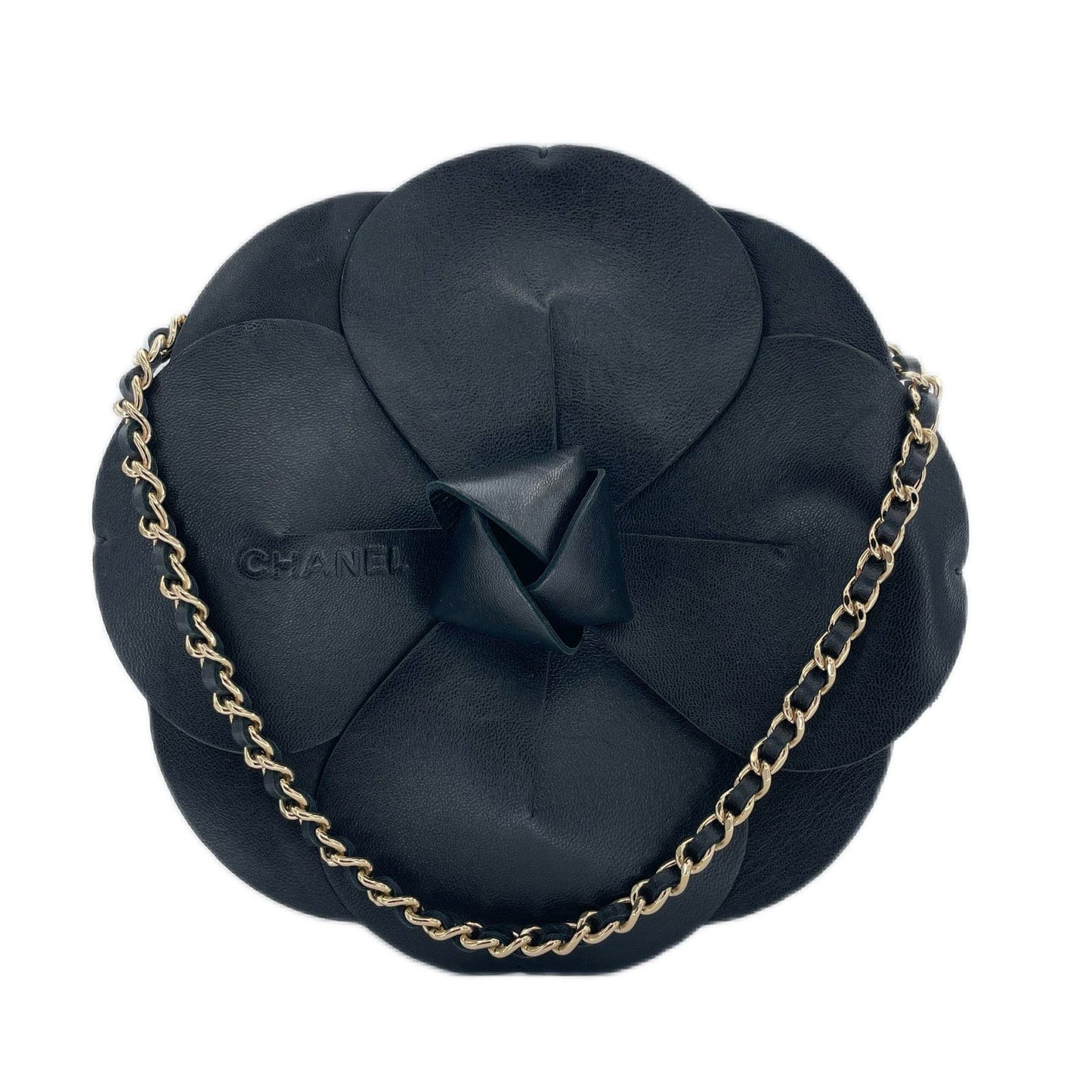 CHANEL VINTAGE CAMELLIA FLOWER CHAIN SHOULDER BAG BLACK LAMB SKIN SATIN 90199296