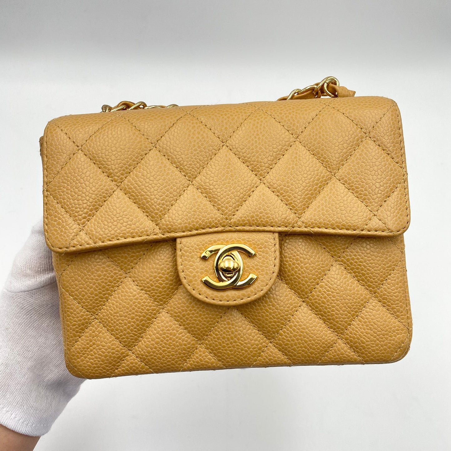 CHANEL VINTAGE MINI SQUARE 17 CHAIN SHOULDER BAG BEIGE CAVIR SKIN 90220262