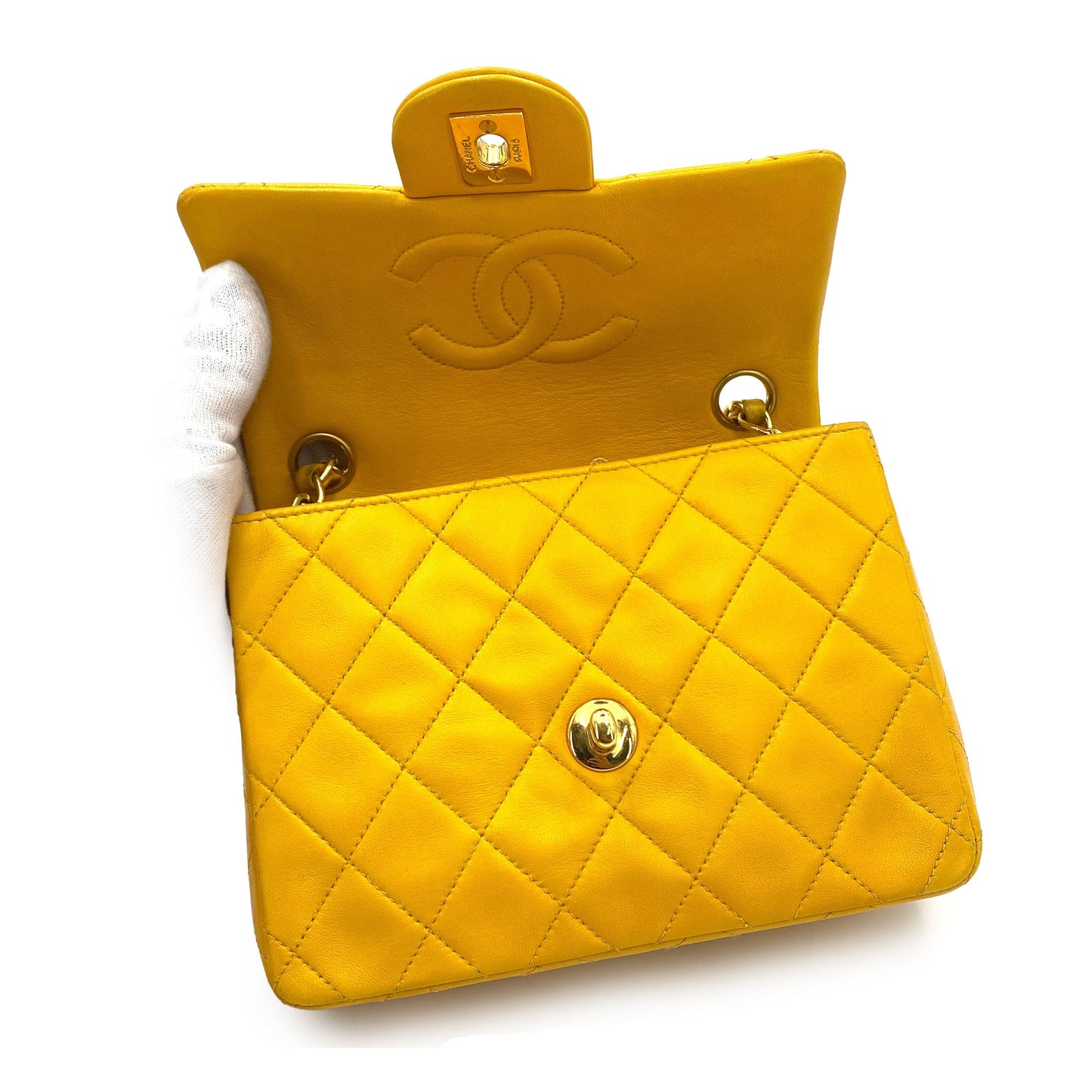 CHANEL VINTAGE MINI SQUARE 17 CHAIN SHOULDER BAG YELLOW LAMB SKIN 90249820