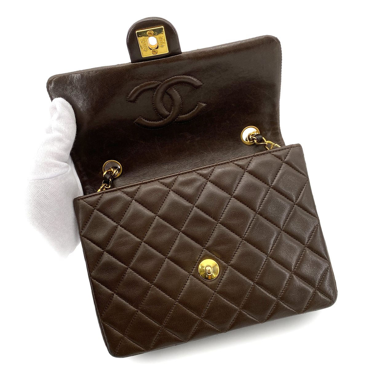 CHANEL VINTAGE MINI SQUARE 20 CHAIN SHOULDER BAG BROWN LAMB SKIN 90254629