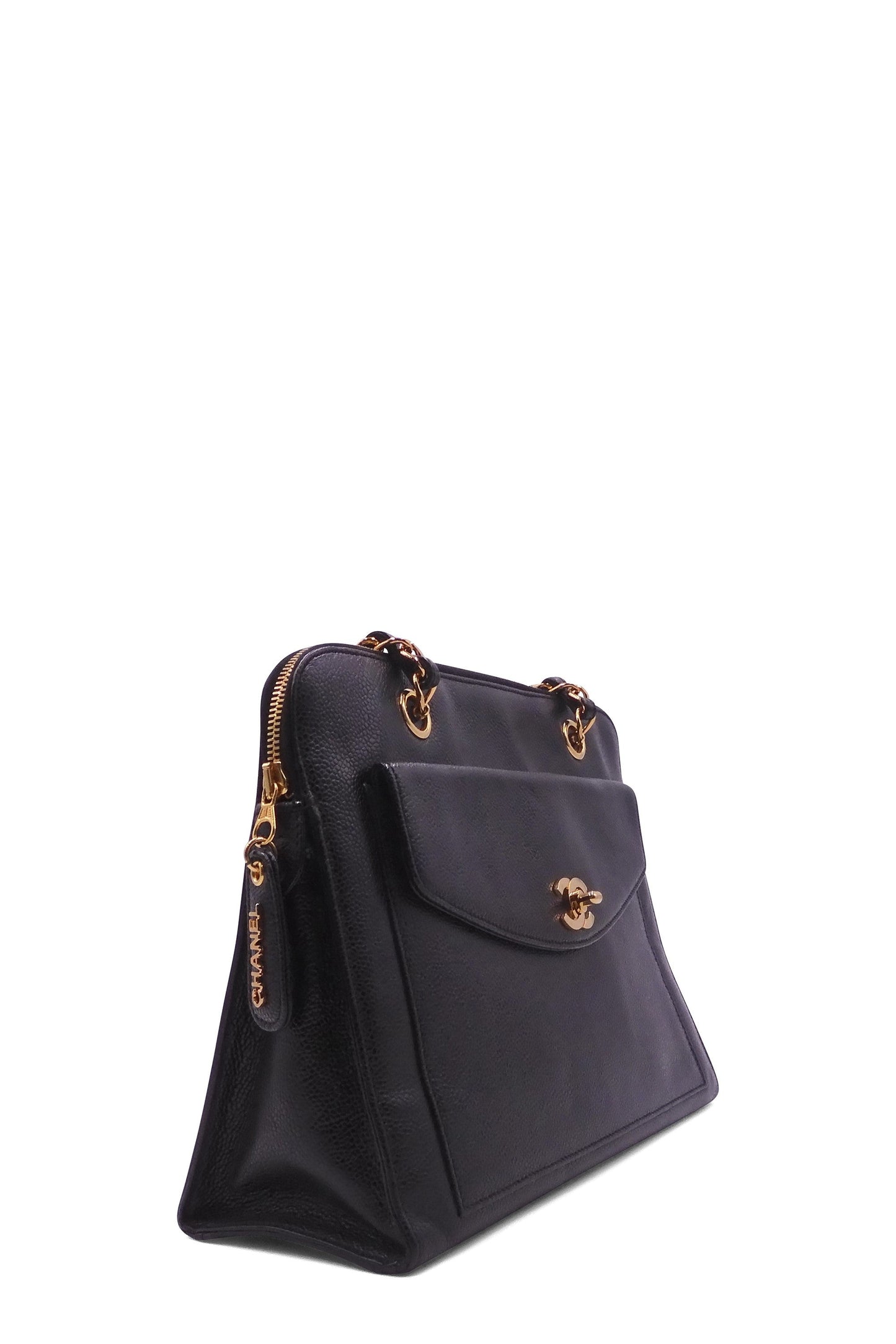 Vintage Caviar Front Pocket Shoulder Bag Black