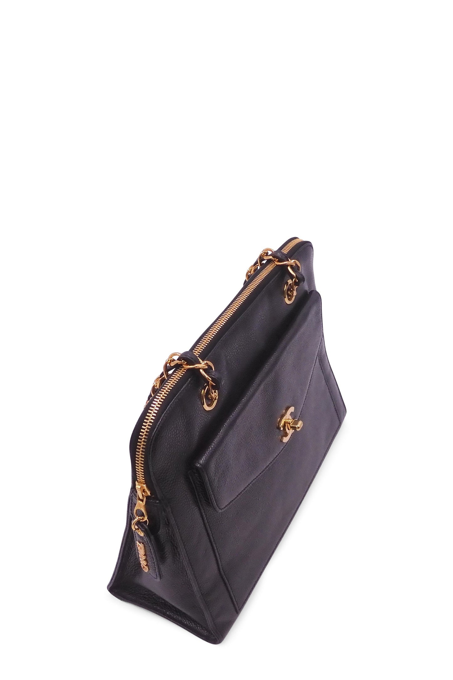 Vintage Caviar Front Pocket Shoulder Bag Black