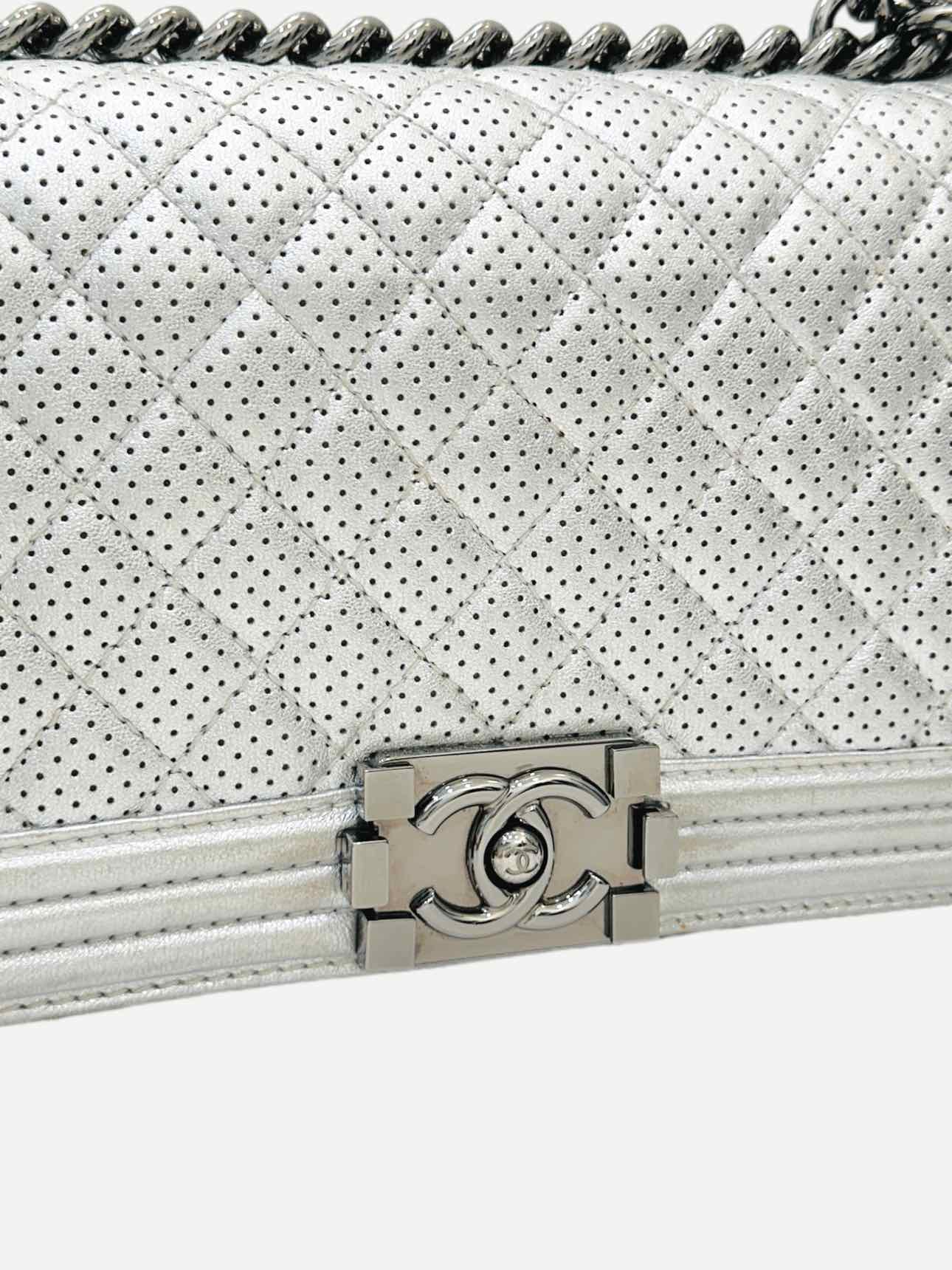 CHANEL New Boy Flap Silver Perforated Shoulder Bag