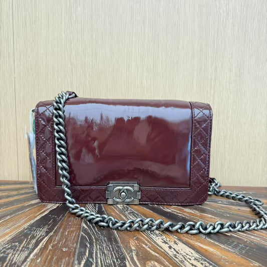 Chanel Medium Patent Reverso Boy Bag - Burgundy Shoulder Bags, Handbags