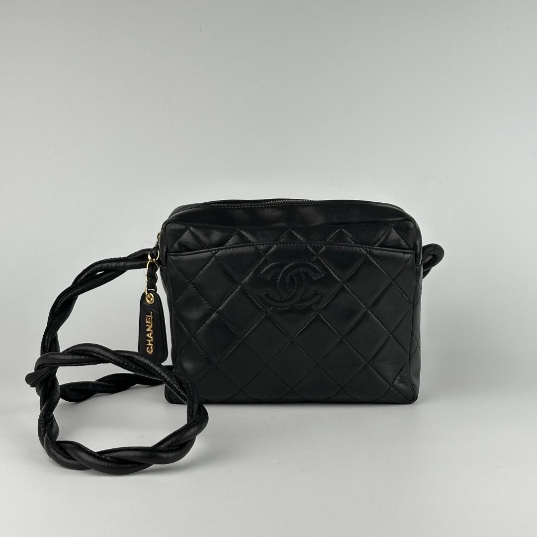 Chanel Vintage Twisted CC Camera Shoulder Bag Quilted Lambskin Small Black MR