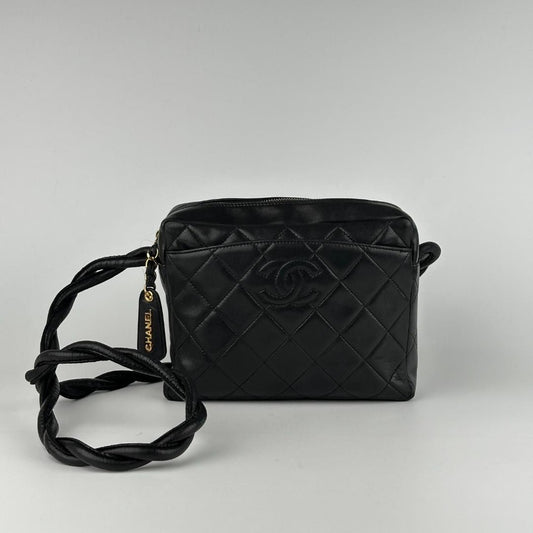 Chanel Vintage Twisted CC Camera Shoulder Bag Quilted Lambskin Small Black MR