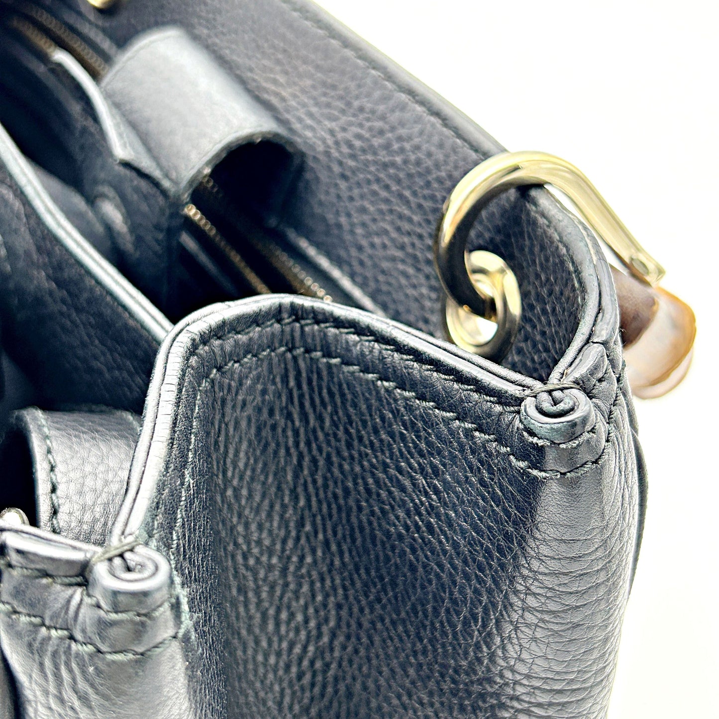 Gucci Black Pebbled Leather Bamboo Top Handle Small Shopper Tote Bag LA15895