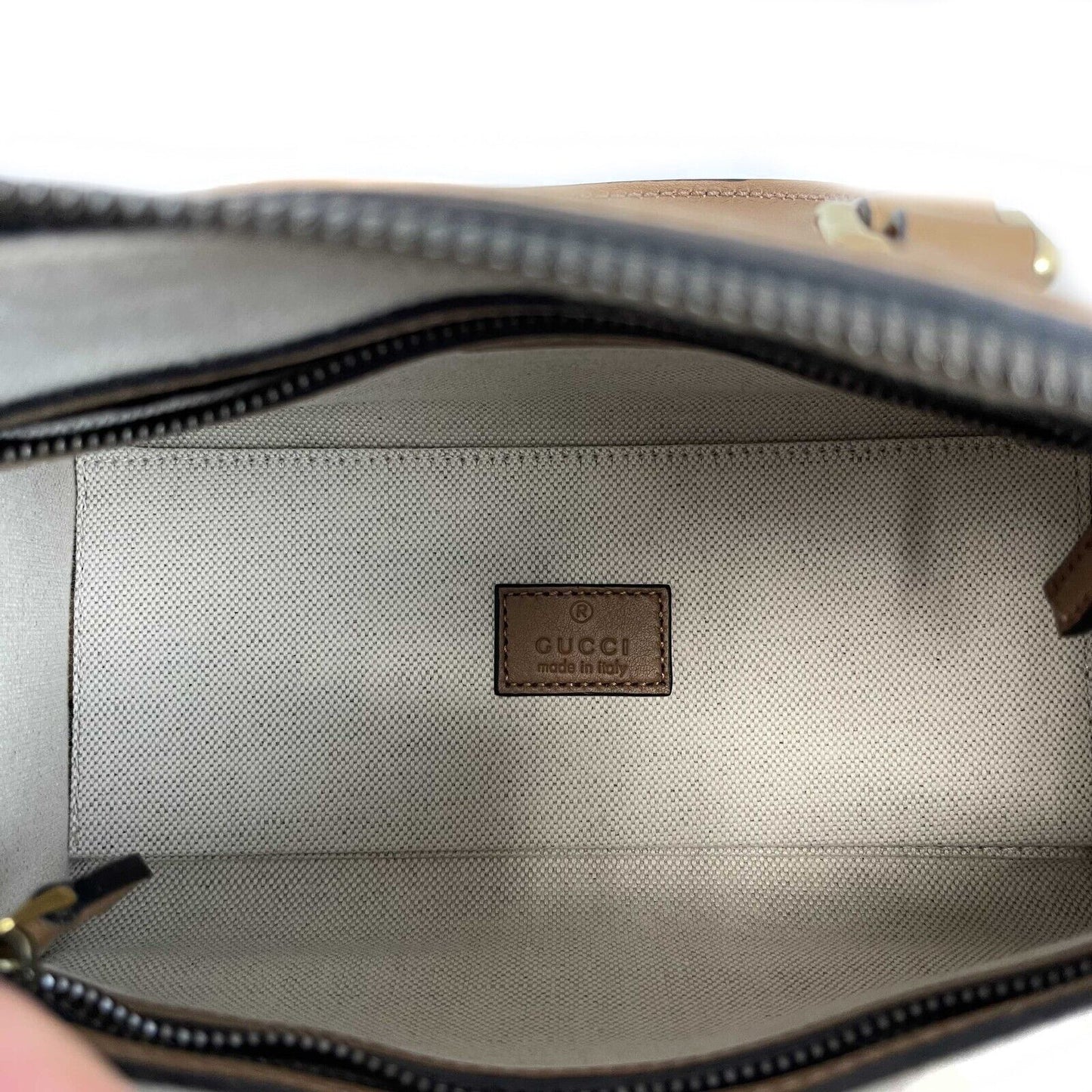 GUCCI GG Canvas Linea Bauletto Plaque Mini Top Handle Crossbody Black/Brown