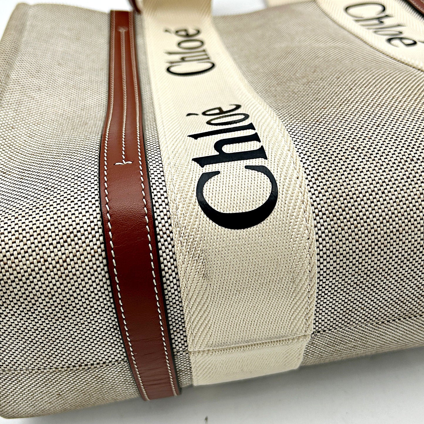 CHLOE Cotton Calfskin Medium Woody Ribbon Tote White Brown LA39604