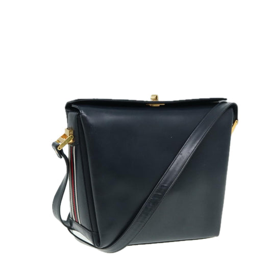 GUCCI Shoulder Bag Leather Navy Gold Auth ep5155