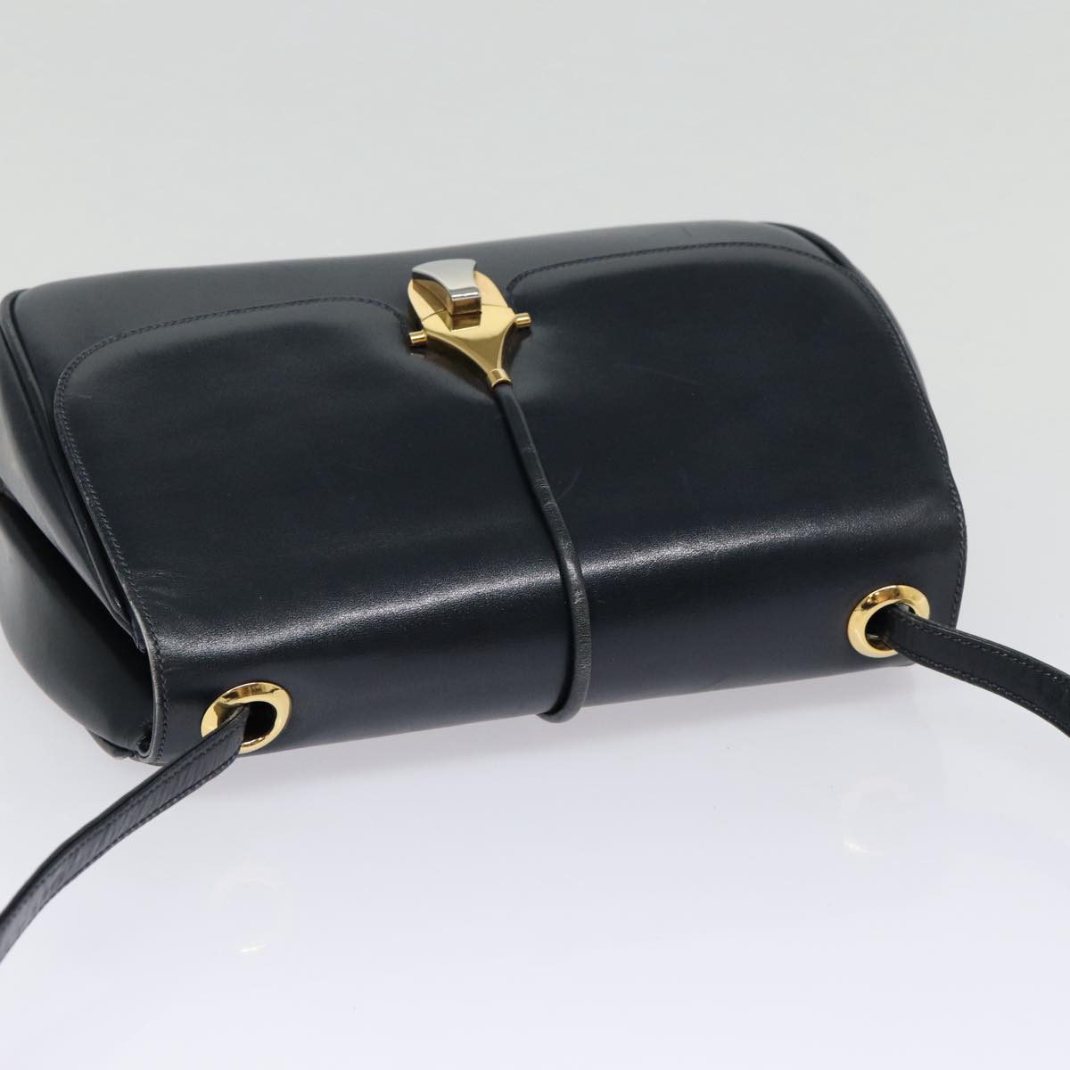GUCCI Shoulder Bag Leather Navy Gold Auth ep5367