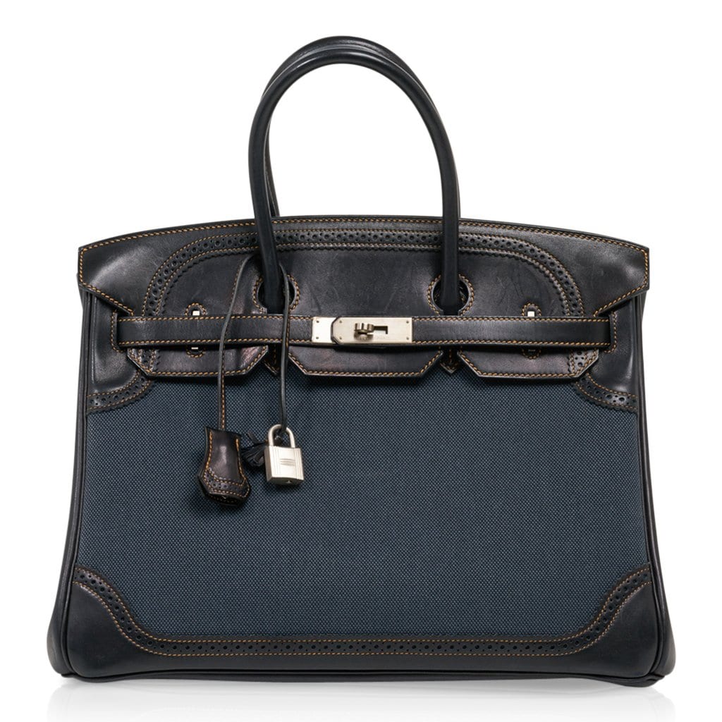Hermes Birkin 35 Ghillies Denim Fonce Toile / Black Evercalf Bag Limited Edition