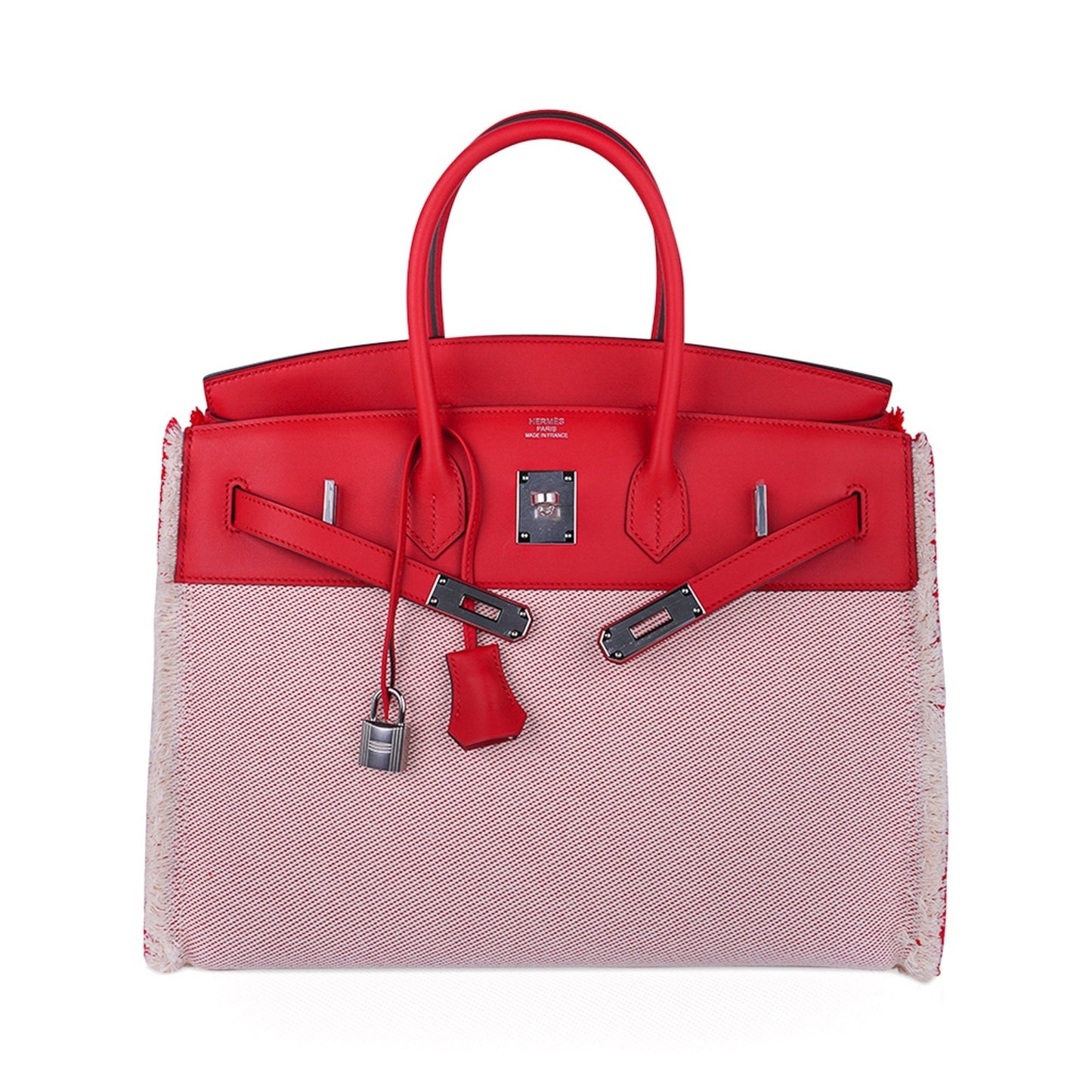 Hermes Limited Edition Birkin 35 Bag Fray Fray Framboise Toile & Swift Leather with Palladium Hardware