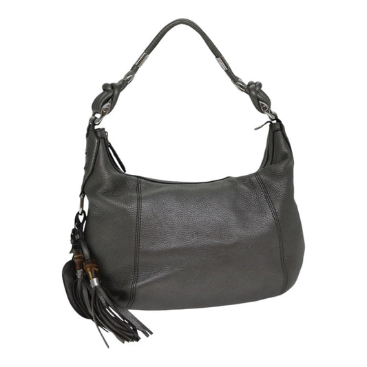 GUCCI Bamboo Fringe Shoulder Bag Leather Silver Auth ki4907