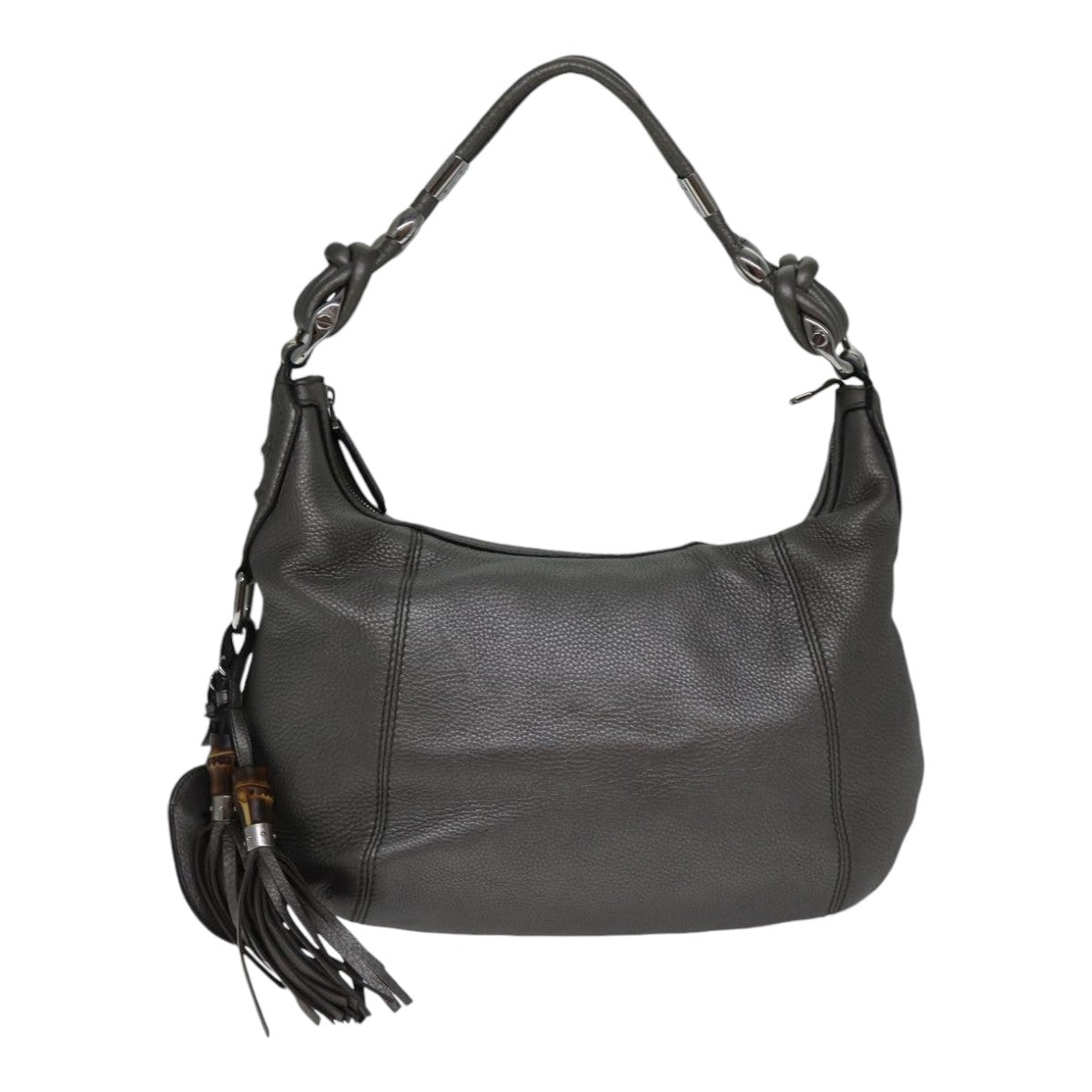 GUCCI Bamboo Fringe Shoulder Bag Leather Silver Auth ki4907