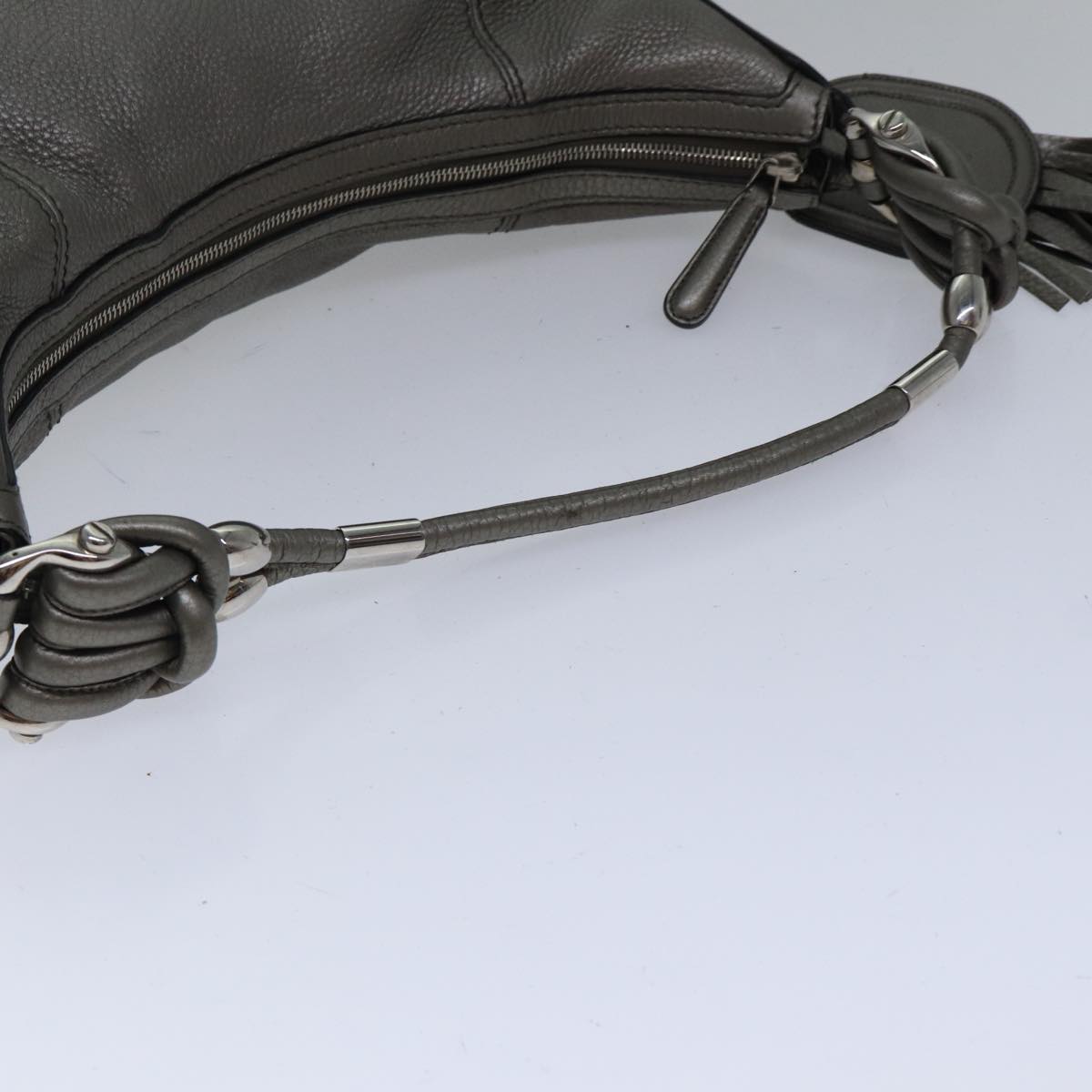 GUCCI Bamboo Fringe Shoulder Bag Leather Silver Auth ki4907