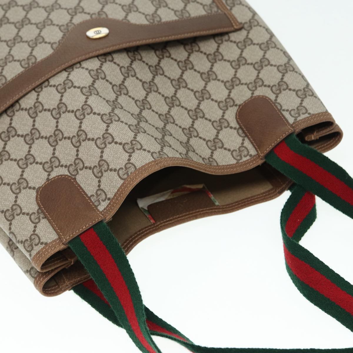 GUCCI GG Canvas Web Sherry Line Tote Bag PVC Leather Beige Green Red Auth kk302