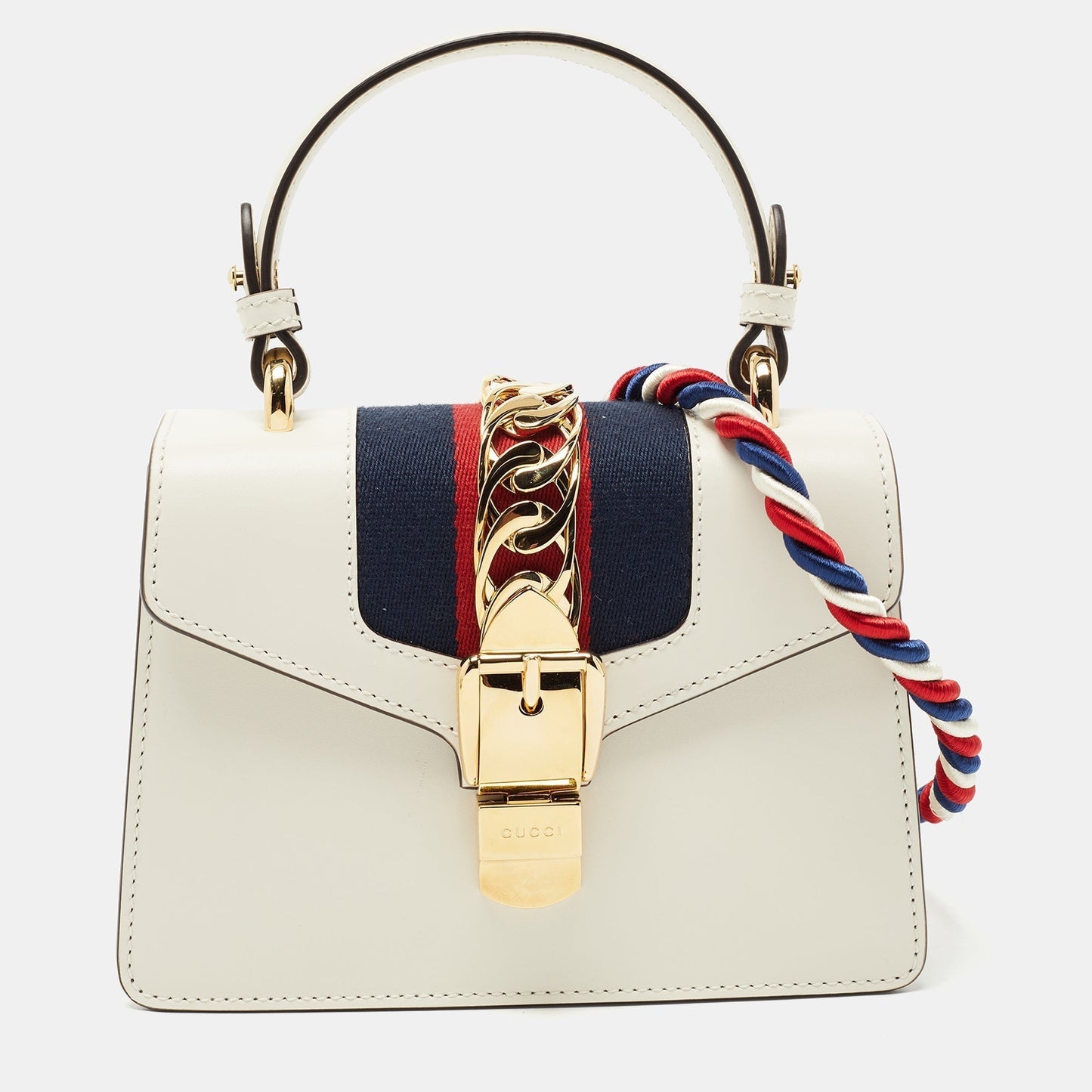 GUCCI White Leather Mini Web Sylvie Top Handle Bag