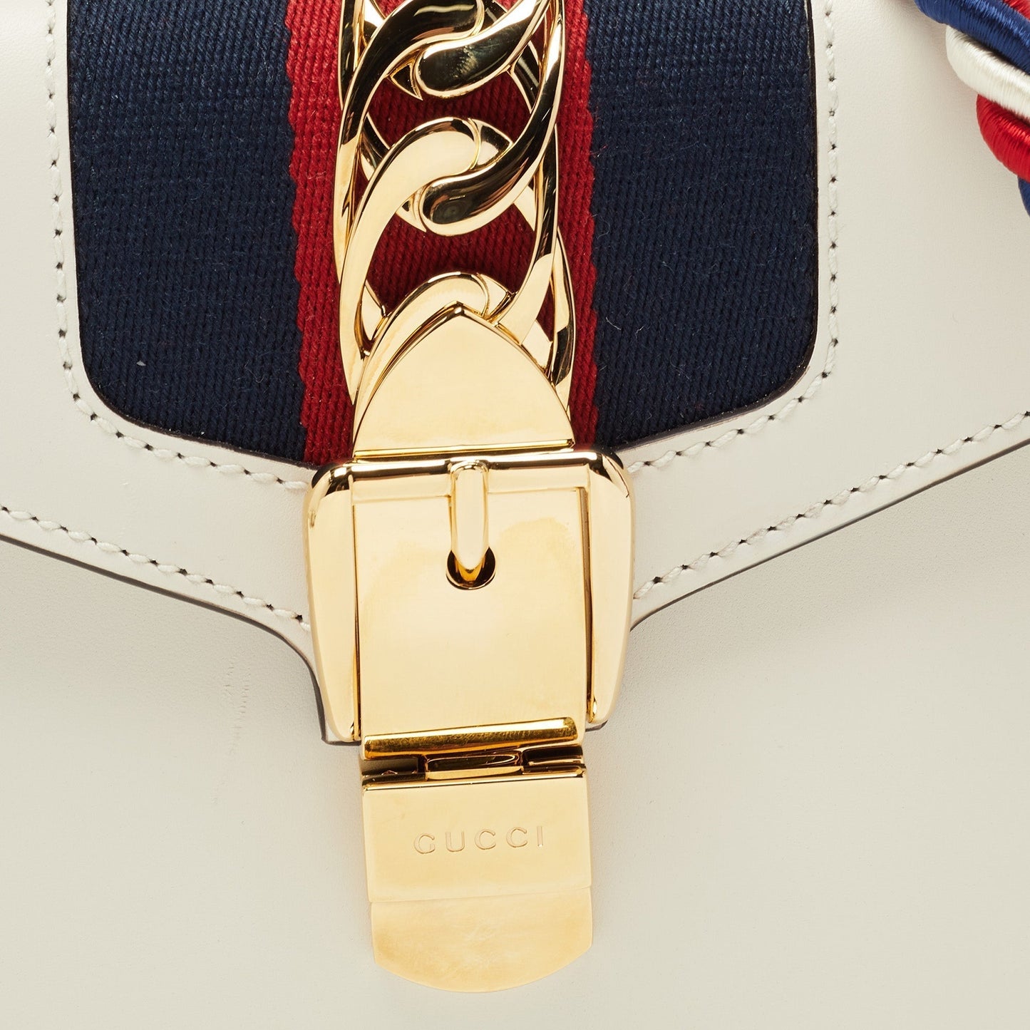GUCCI White Leather Mini Web Sylvie Top Handle Bag