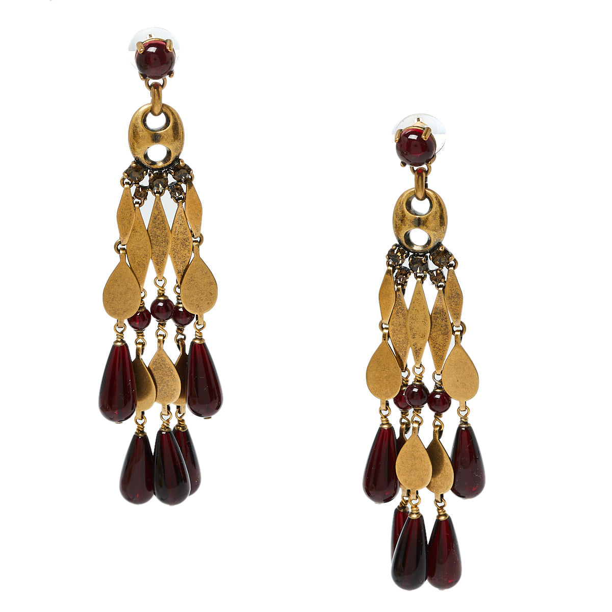 Gucci Aged Gold Tone Garnet Beaded Chandelier Earrings
