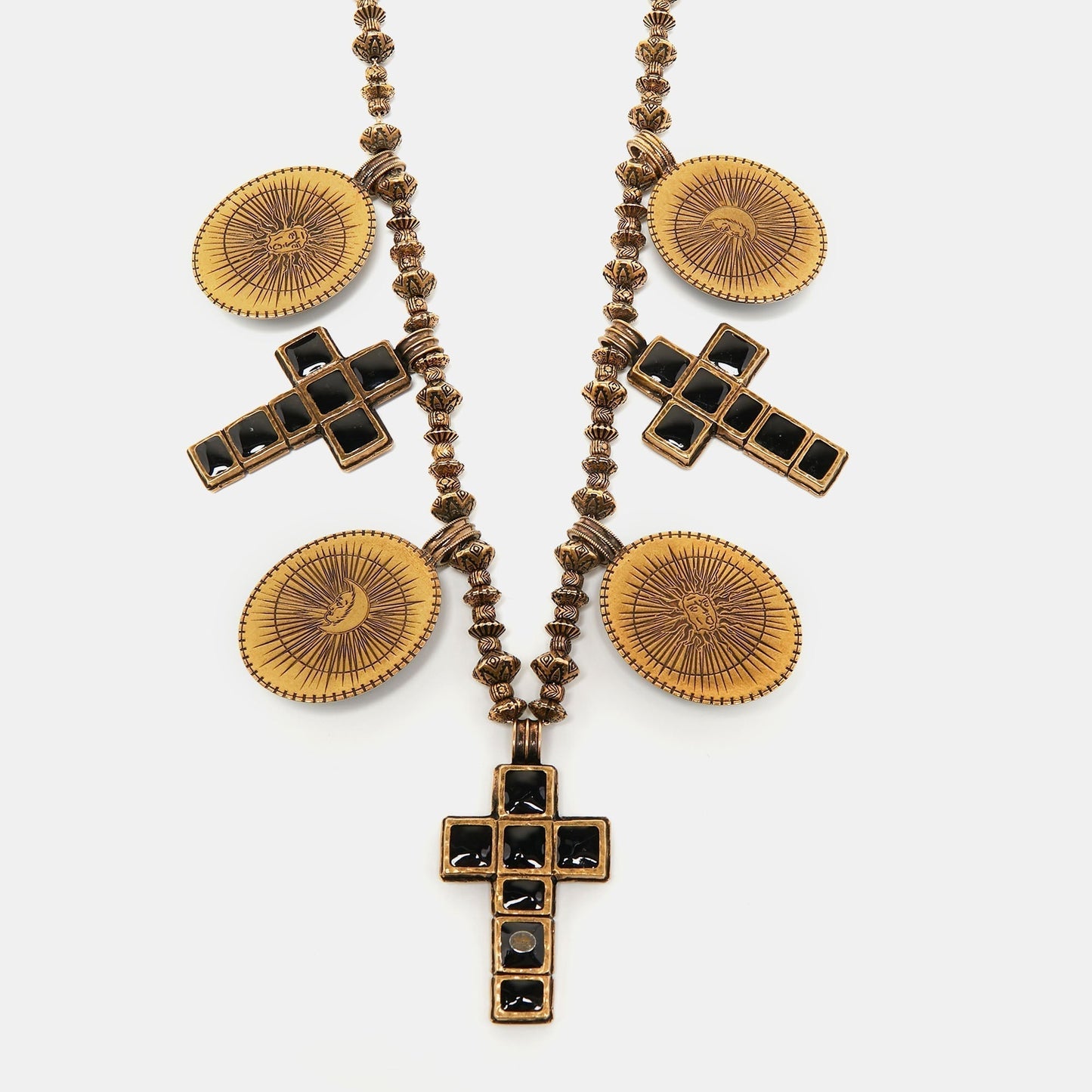 Gucci Aged Gold Tone Scarab and Cross Charms Necklace