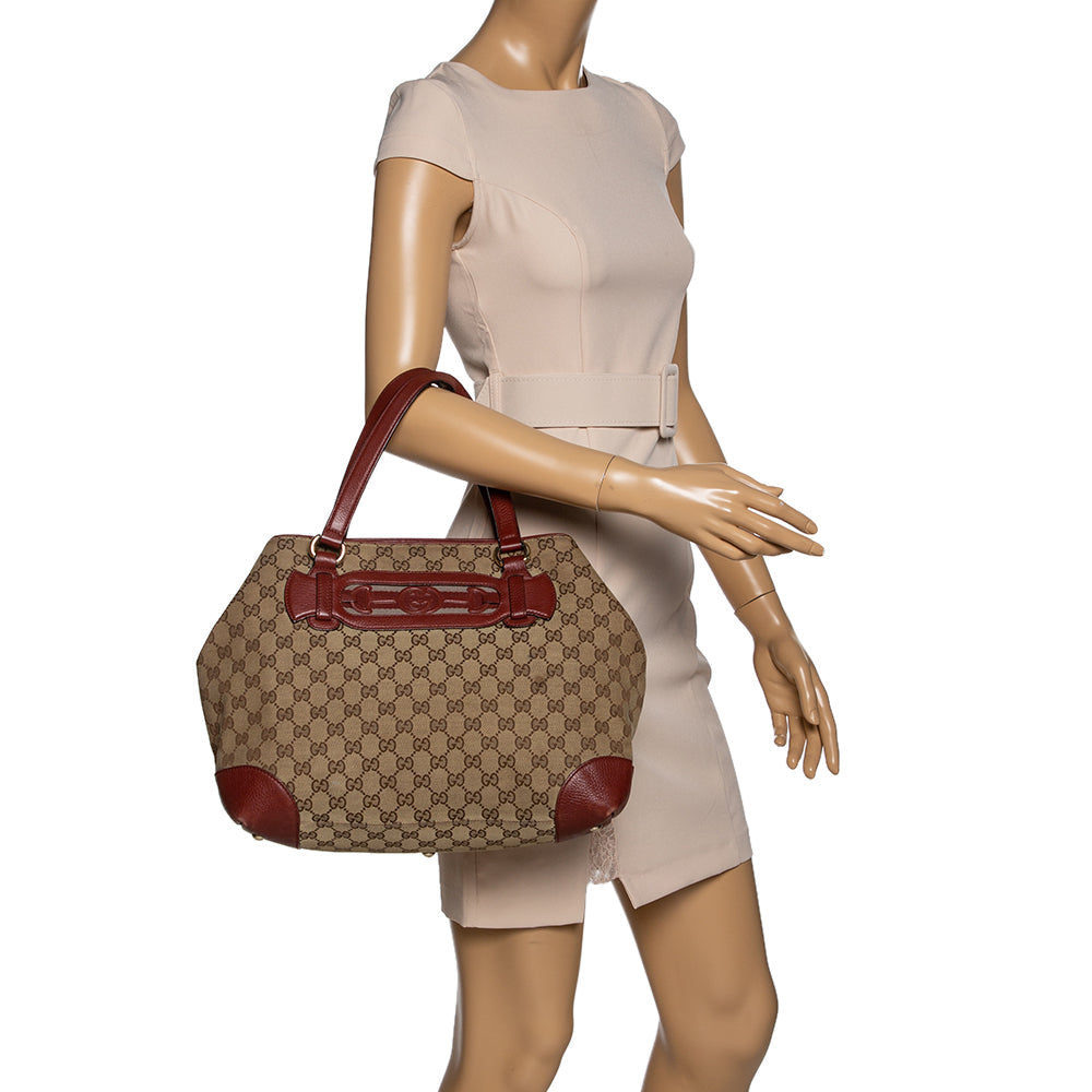 Gucci Beige/Red GG Canvas and Leather Medium Supreme Web Dressage Tote