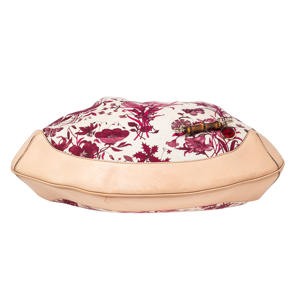 Gucci White/Pink Floral Canvas and Leather Peggy Bamboo Handle Hobo