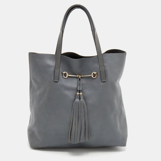Gucci Ash Grey Leather Tassel Horsebit Tote