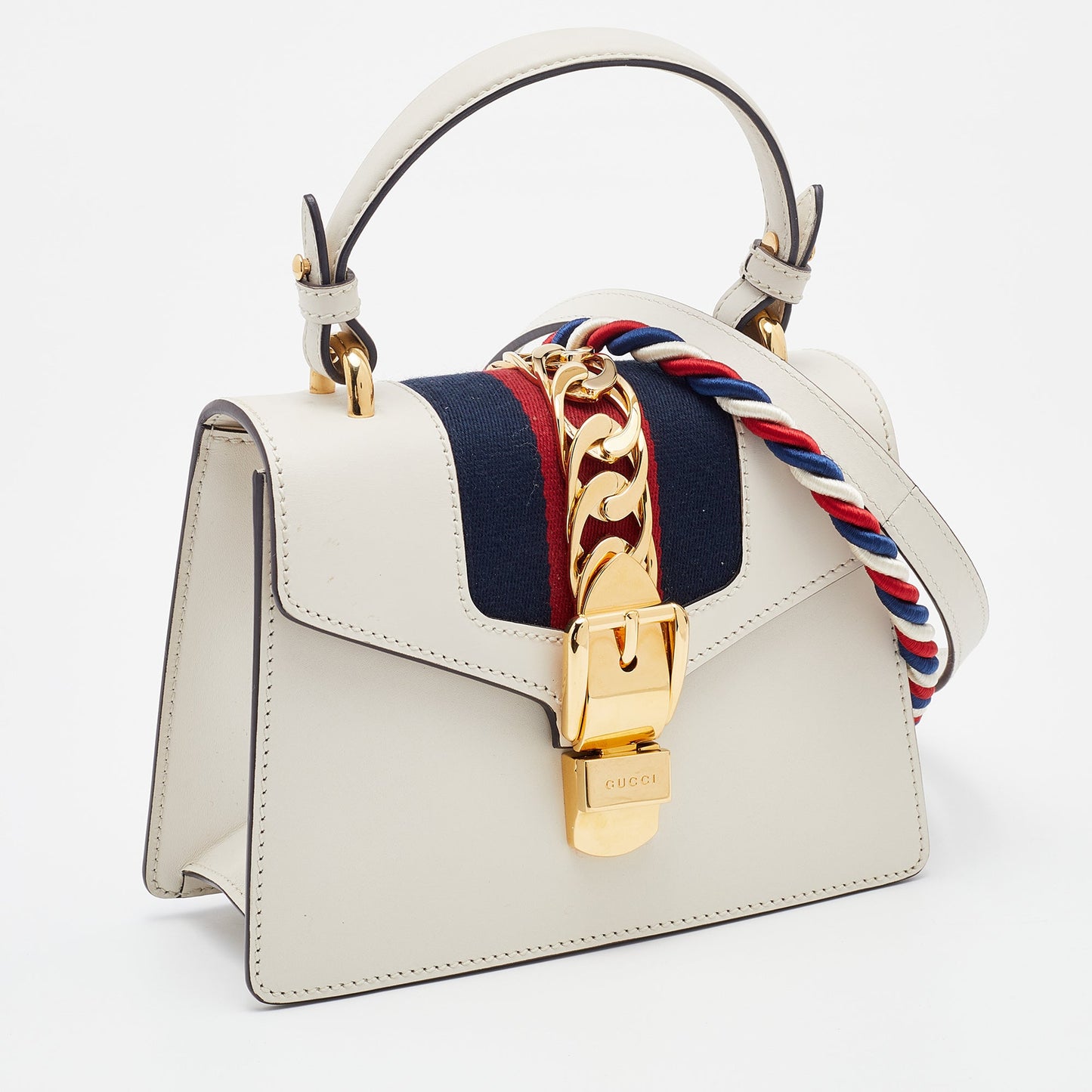 Gucci White Leather Mini Web Sylvie Top Handle Bag