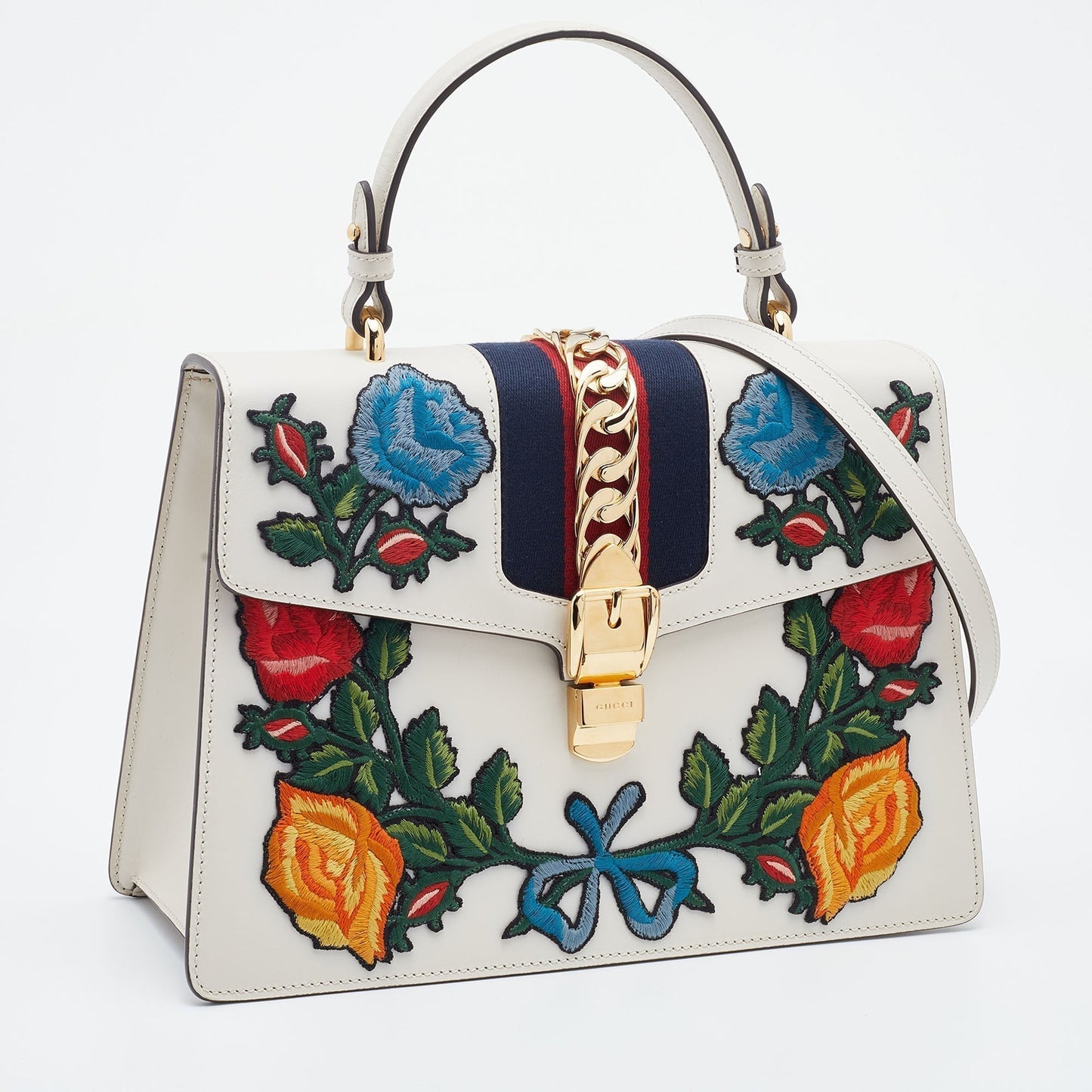 Gucci White Leather Floral Embroidered Medium Sylvie Top Handle Bag