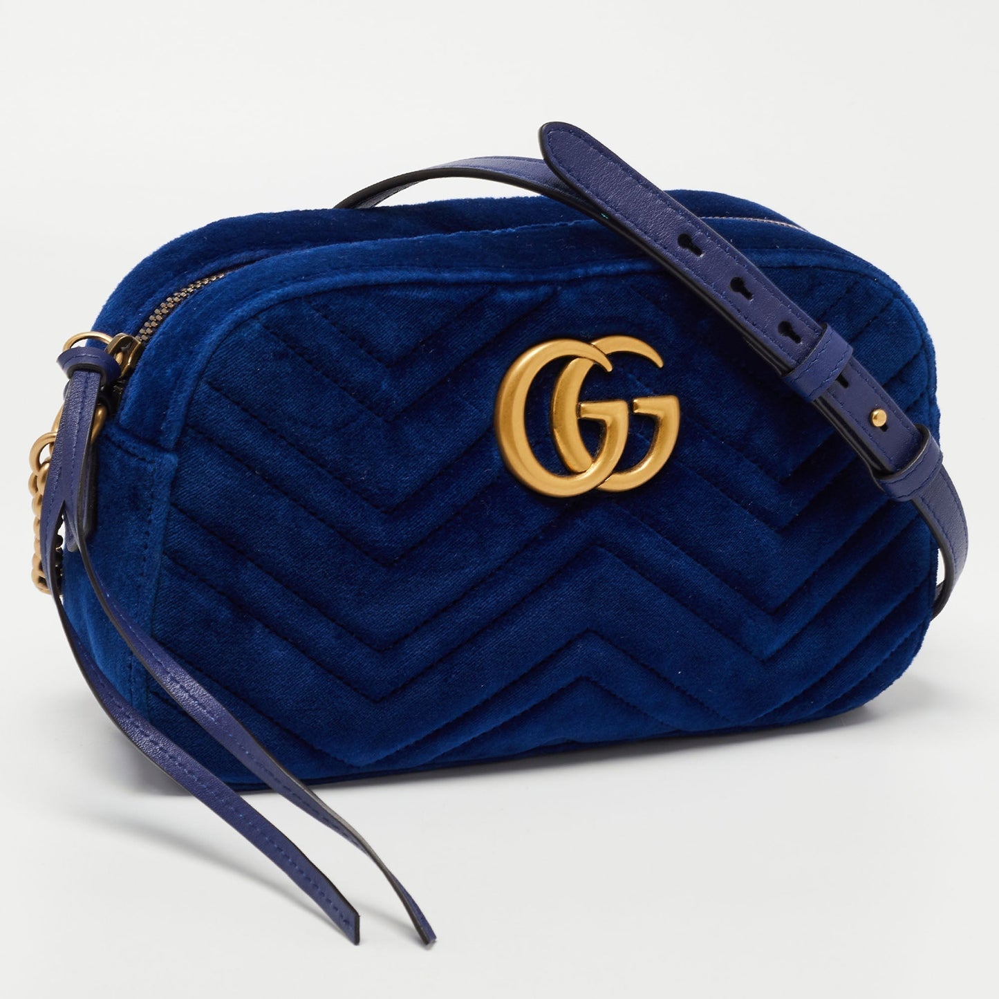 Gucci Blue Matelasse Velvet Small GG Marmont Shoulder Bag