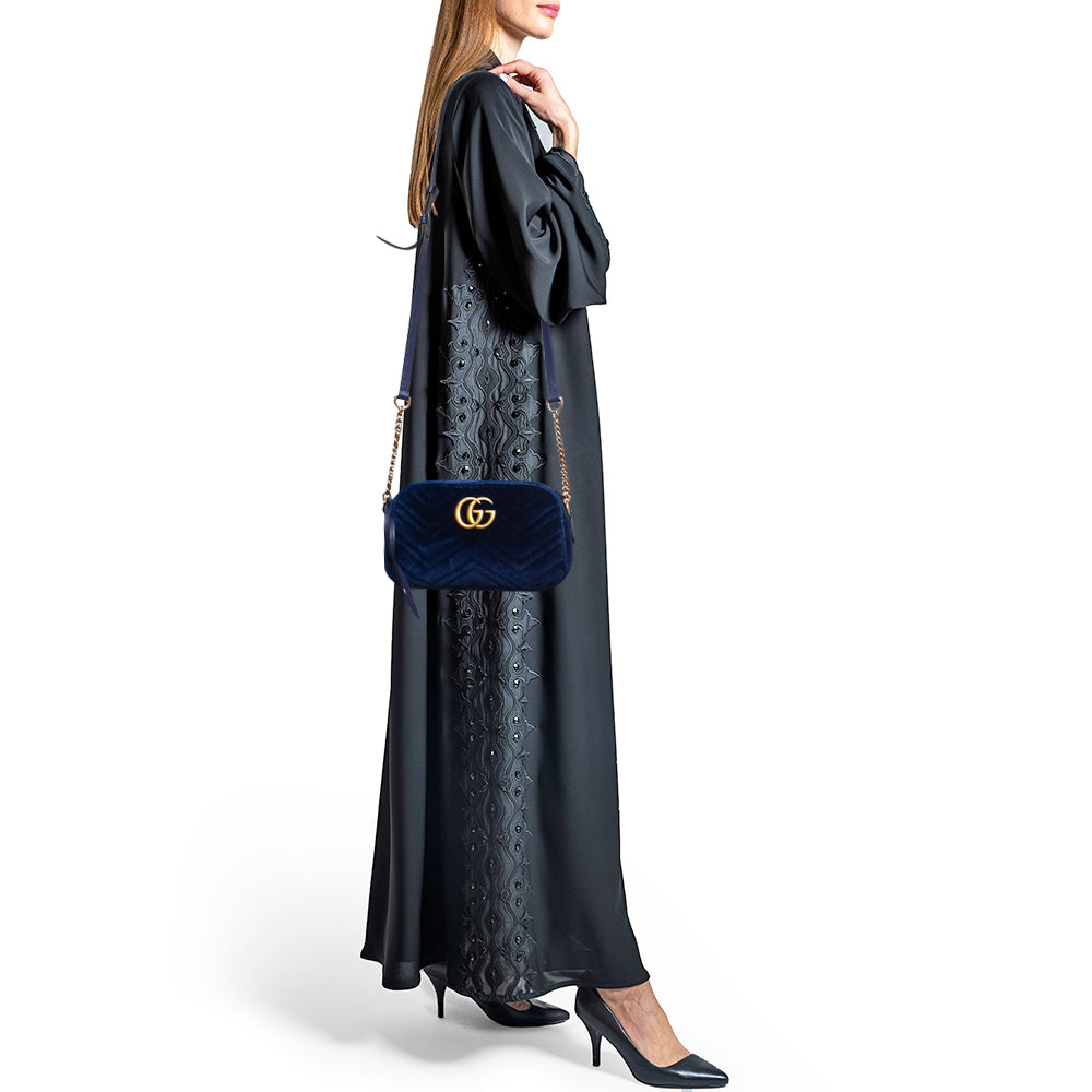 Gucci Blue Matelasse Velvet Small GG Marmont Shoulder Bag