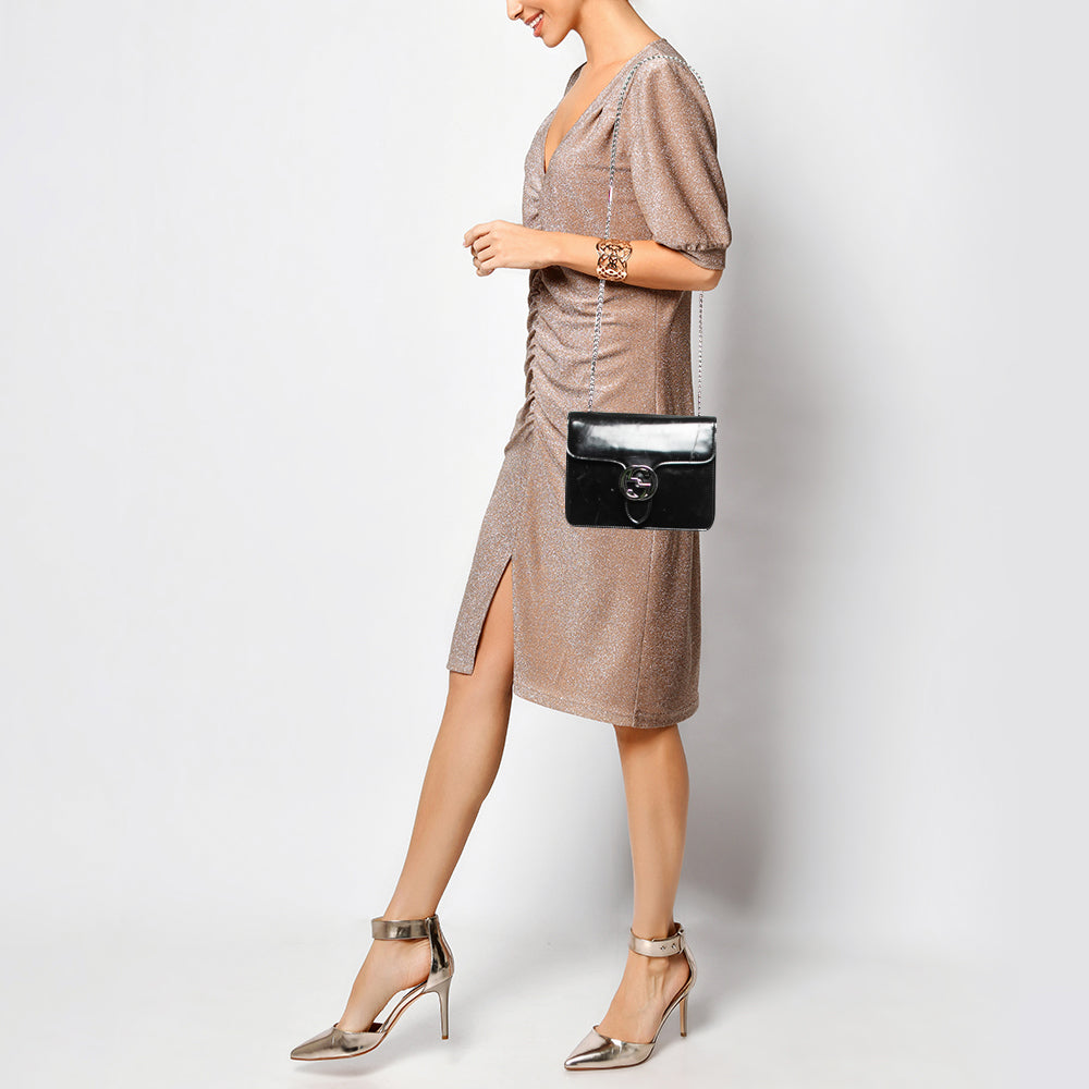 Gucci Black Patent Leather Small Interlocking G Shoulder Bag