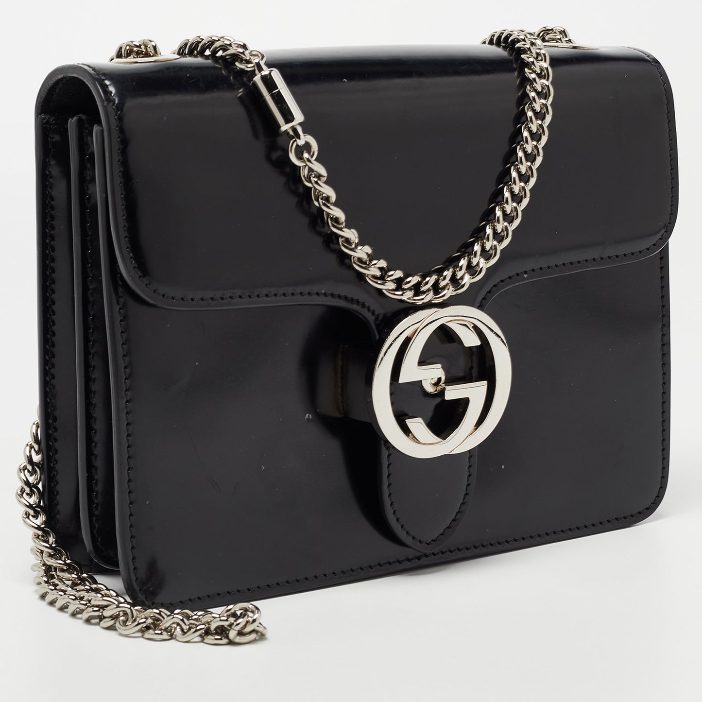 Gucci Black Patent Leather Small Interlocking G Shoulder Bag