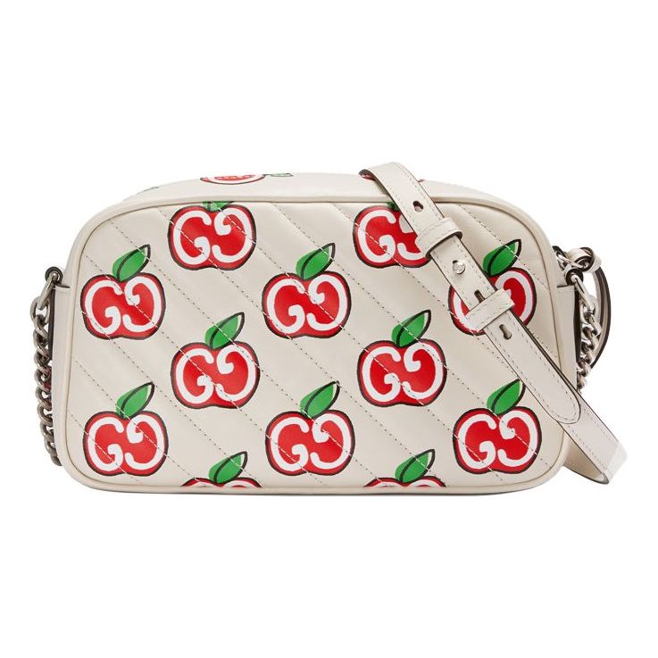 (WMNS) Gucci GG Marmont Silver Logo Apple Pattern Leather Chain Shoulder Messenger Bag Small White / Red Valentine's Day limited 447632-1W9AN-9086