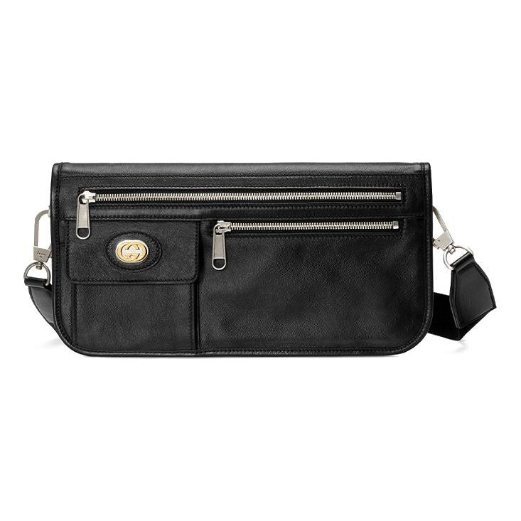GUCCI Metallic Interlock Double G Soft Leather fanny pack Shoulder Messenger Bag Unisex / Black Classic 575837-1GZAX-1000