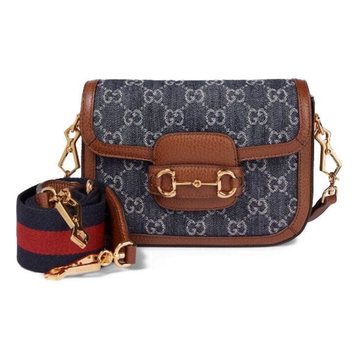 GUCCI Horsebit 1955 Retro Gold Buckle Logo Stripe Webbing Denim Saddle Bag Shoulder Messenger Bag Mini Gray Blue / Brown 658574-2KQPG-8391