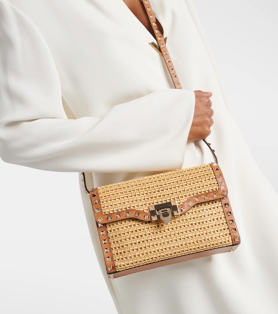 Valentino Garavani Raffia Calfskin Small Rockstud Flip lock Crossbody Bag