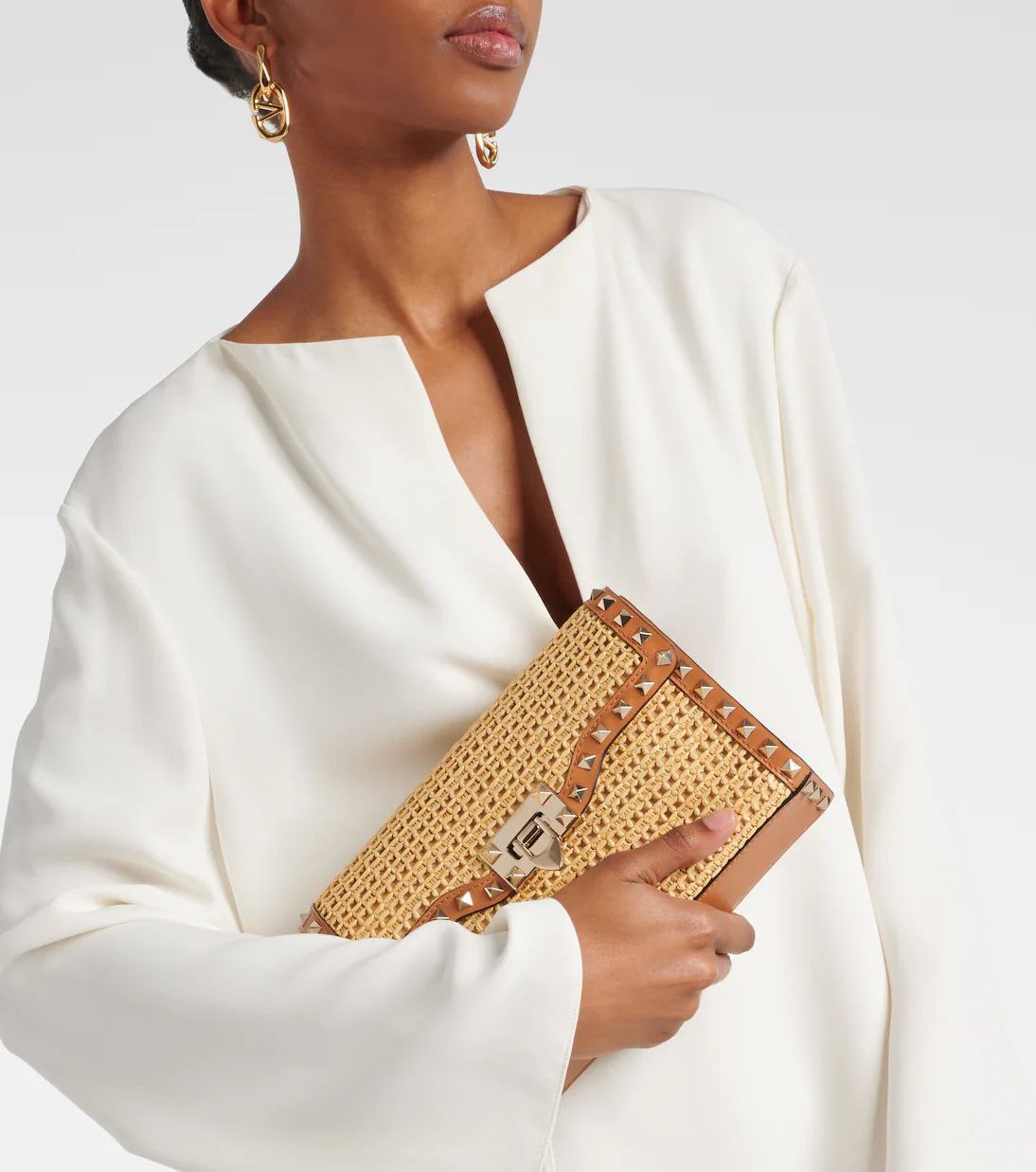 Valentino Garavani Raffia Calfskin Small Rockstud Flip lock Crossbody Bag