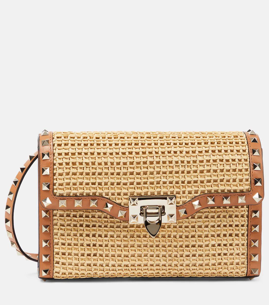 Valentino Garavani Raffia Calfskin Small Rockstud Flip lock Crossbody Bag