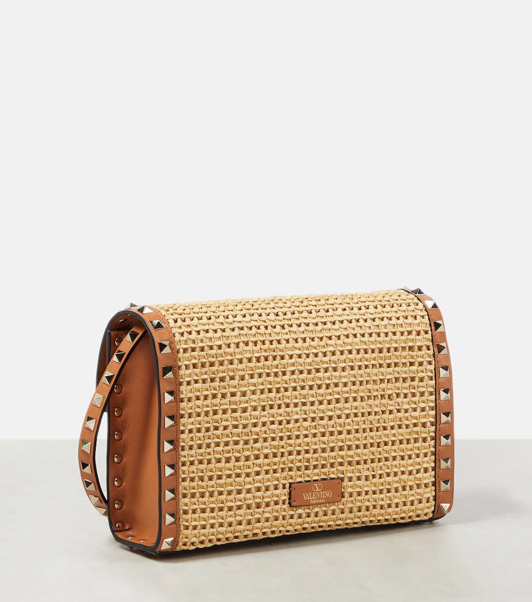 Valentino Garavani Raffia Calfskin Small Rockstud Flip lock Crossbody Bag