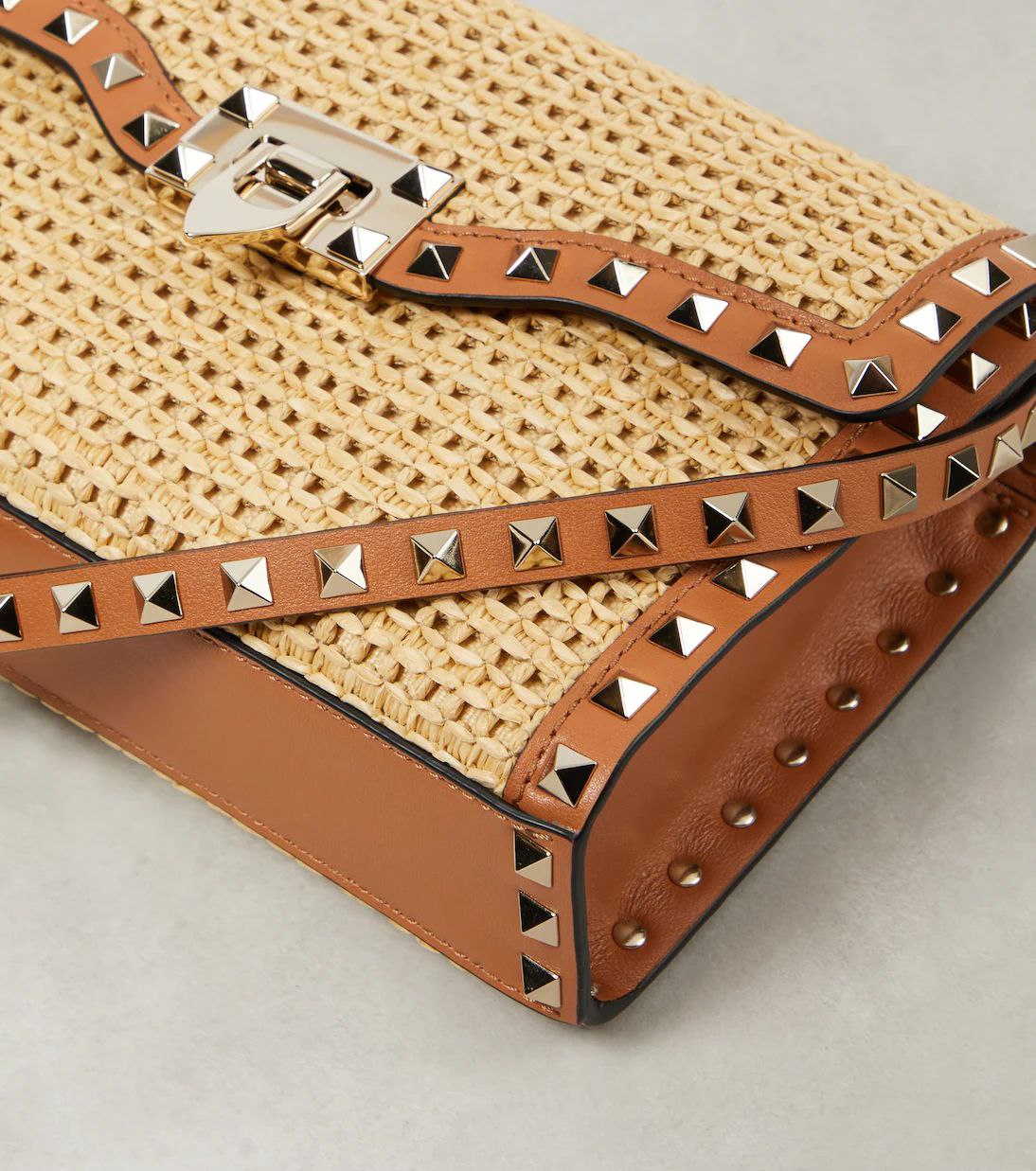 Valentino Garavani Raffia Calfskin Small Rockstud Flip lock Crossbody Bag