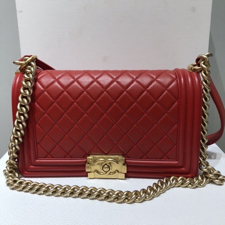 Chanel Leboy Red Leather Quilted Chain Shoulder Bag Medium