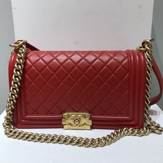 Chanel Leboy Red Leather Quilted Chain Shoulder Bag Medium