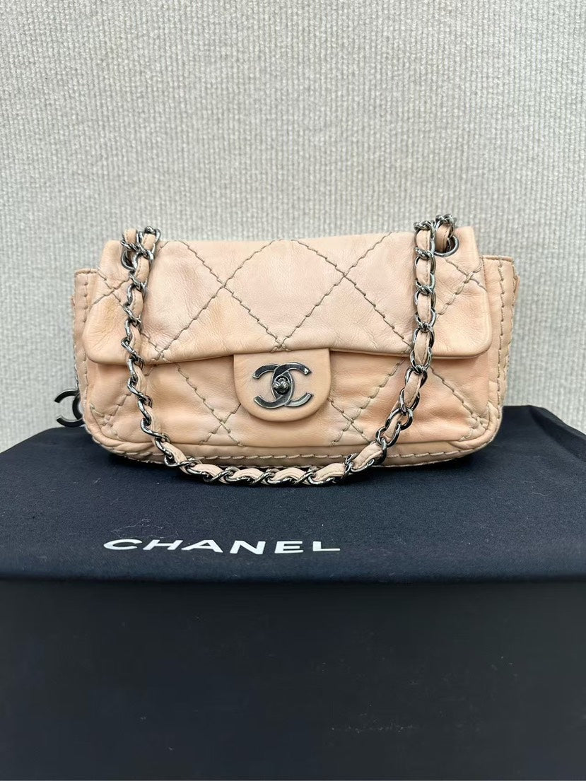 Chanel Beige Quilted Leather Chain Shoulder Bag Small