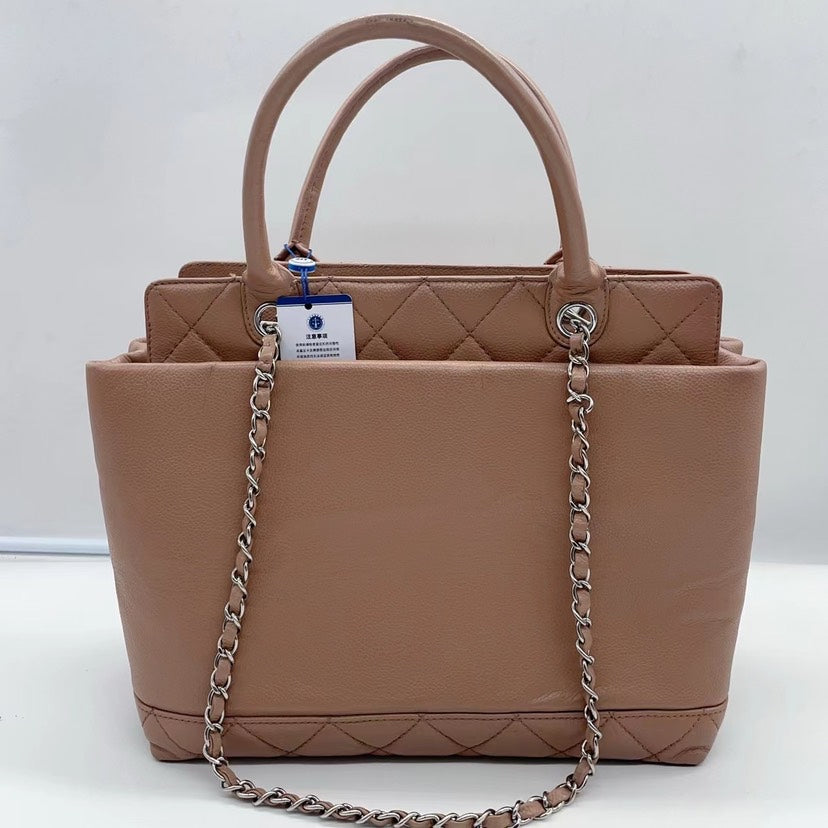 Chanel Beige Leather Quilted Tote Bag Medium Size Chain Shoulder Strap
