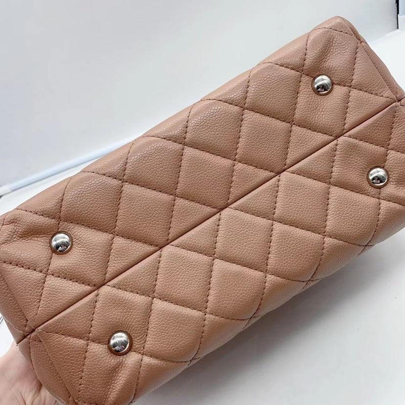 Chanel Beige Leather Quilted Tote Bag Medium Size Chain Shoulder Strap