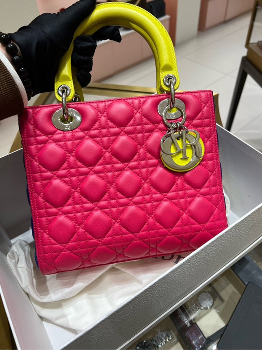 Lady Dior Pink with Yellow Handles Quilted Lambskin Satchel/Top Handle Bag