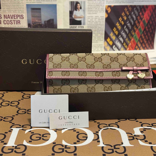 Preloved Gucci GG Monogram Beige Canvas Wallet with Pink Accents
