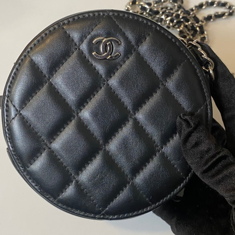 Preloved Chanel Round Cake Bag Black Leather Crossbody